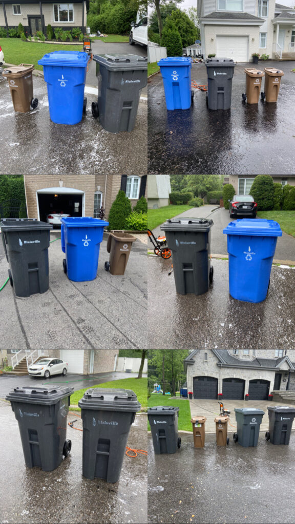 Bacs de poubelles gris nettoyé, brillant et propre, placé sur une allée pavée devant un arbuste.